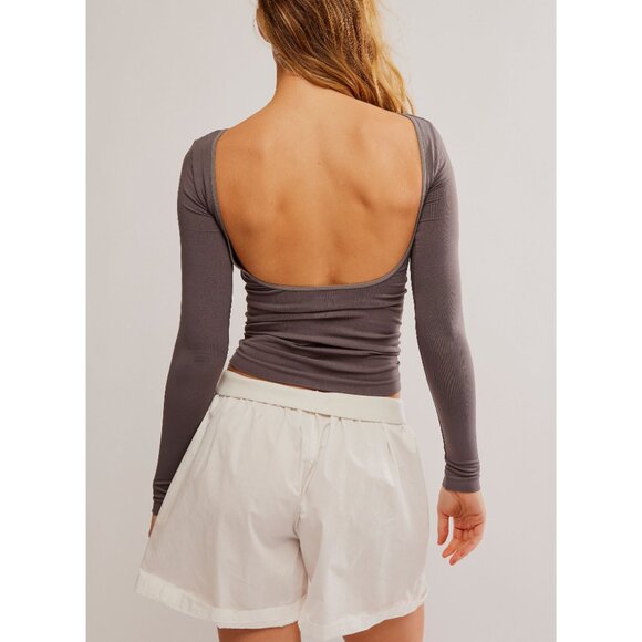 🆕 FREE PEOPLE Low Back Seamless Long Sleeve / Dark Gull Gray - Picture 1 of 5